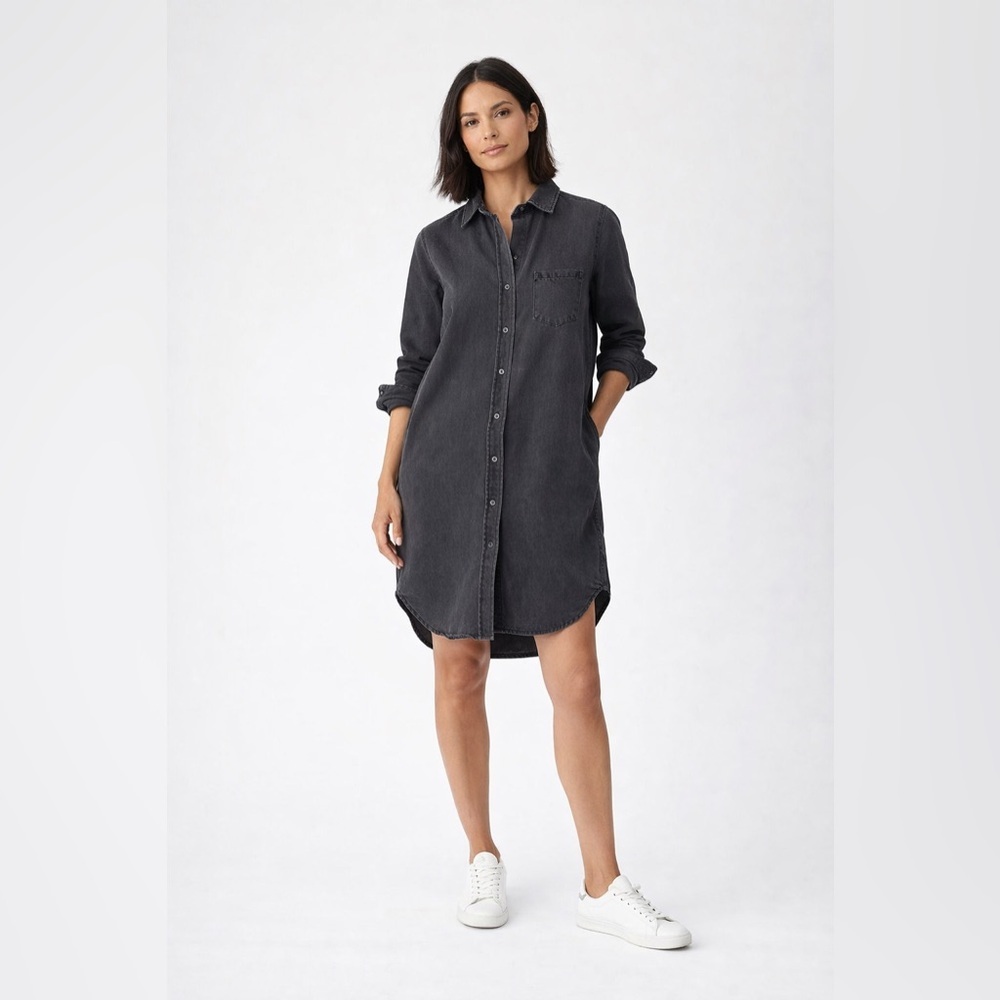 Quince Distressed Denim Shirt Dress Washed Black Button Front Long Sleeve XS